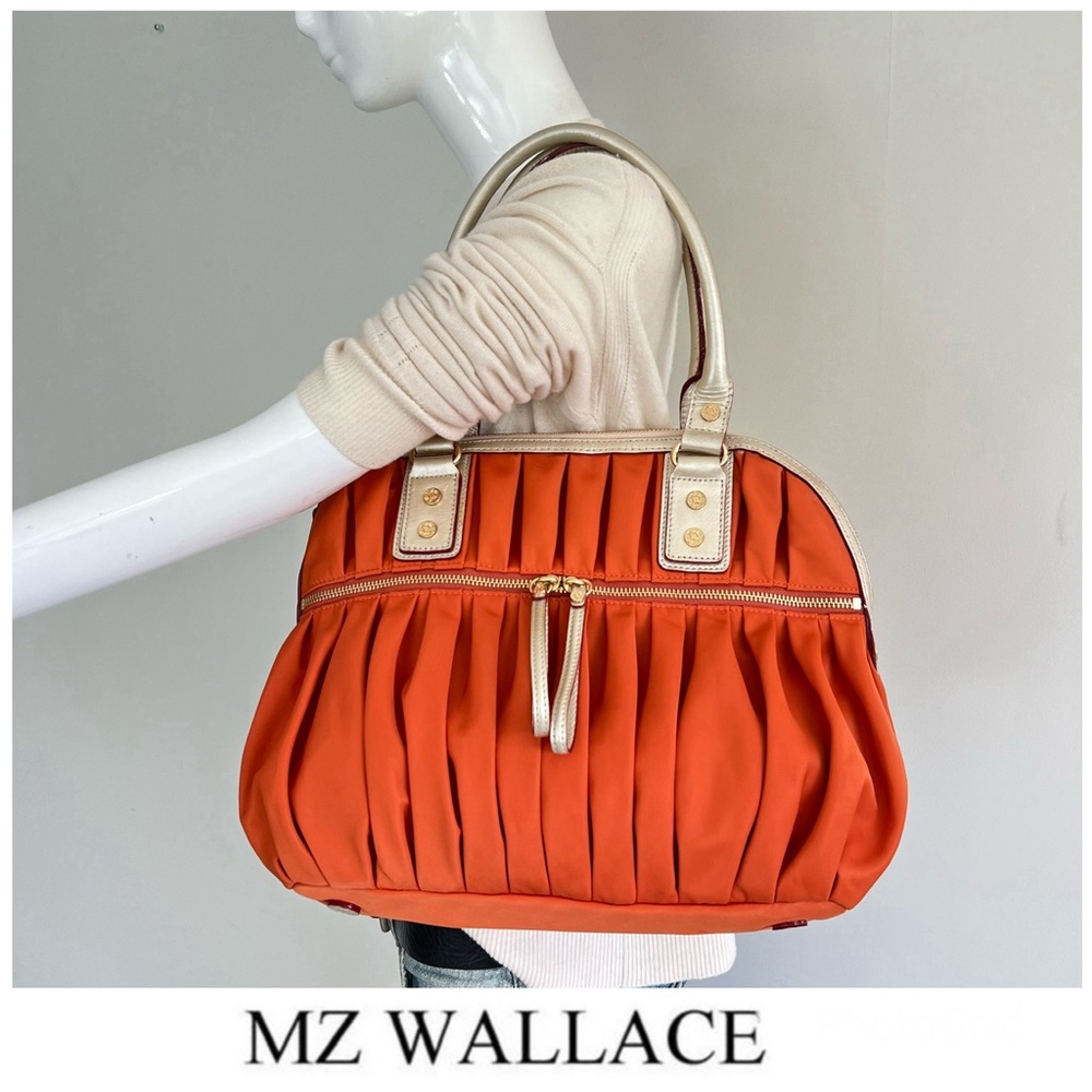 MZ WALLACE Bea Bedford Pleated Orange Nylon Gold Leather Trim Shoulder Bag Tote
